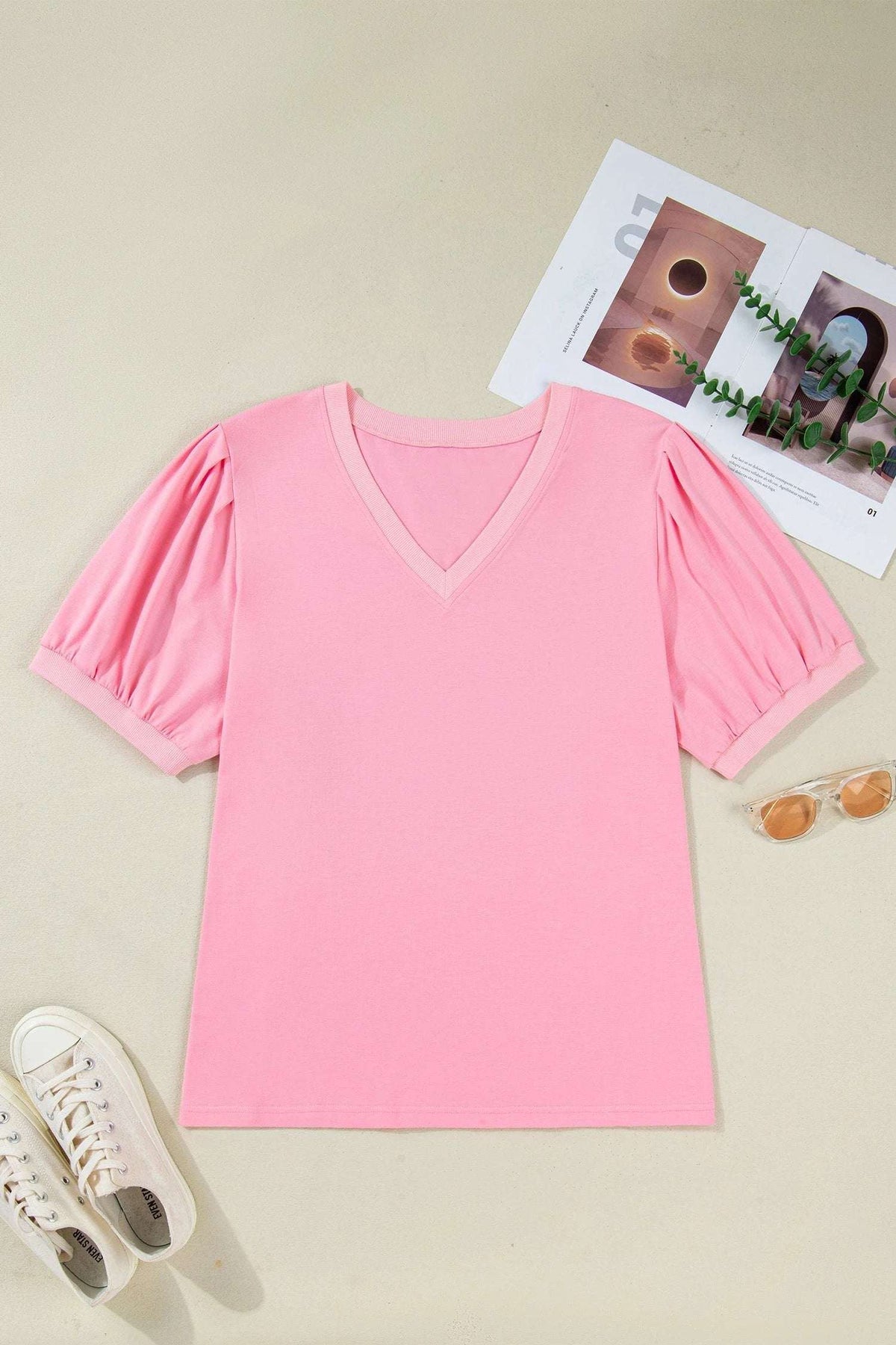 Amalie | Pleated V Neck Puff Sleeve Blouse in Extended Sizes