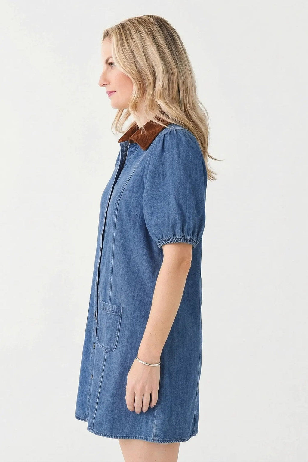 Mireille | Panelled Denim Mini Shirt Dress with Puff Sleeves