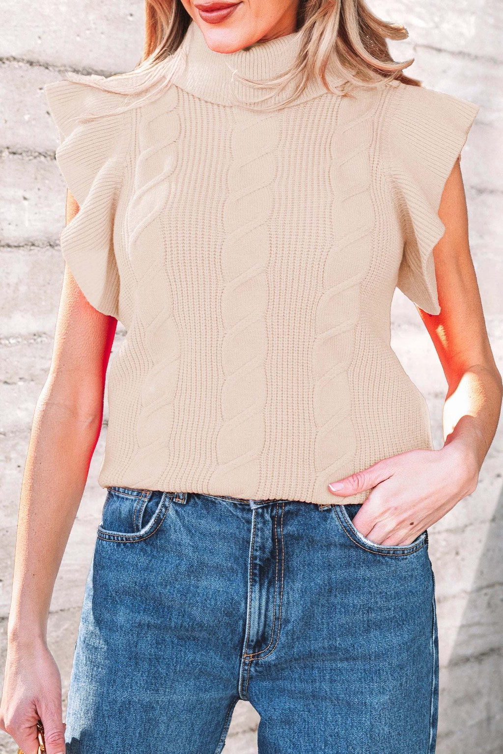Elodie | Cable Knit Turtleneck Sweater with Ruffled Short Sleeves