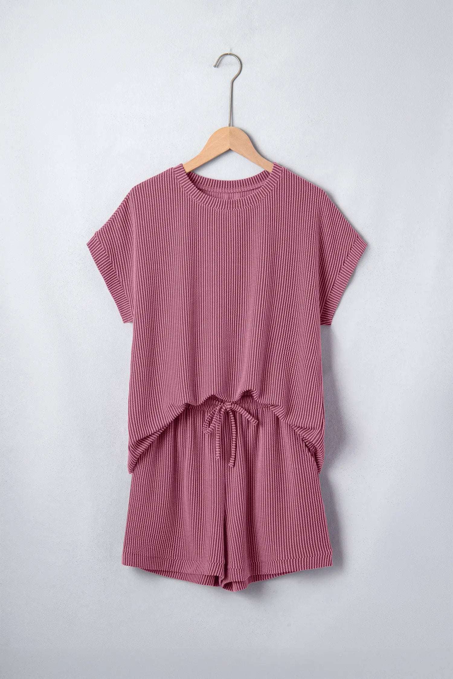 Wrenna | Ribbed Twist Front Tee and Drawstring Shorts Two Piece Set