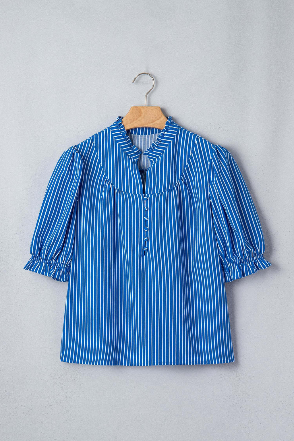 Ophelia | Striped Puff Sleeve Button Front Blouse with Ruffle Detail