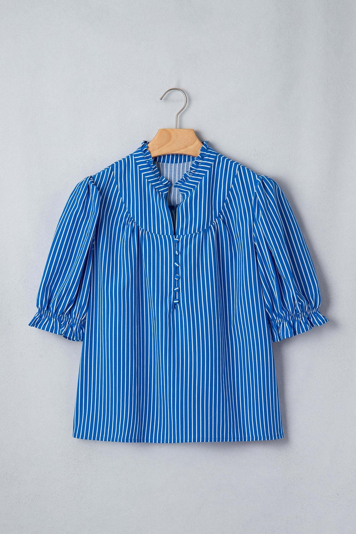 Ophelia | Striped Puff Sleeve Button Front Blouse with Ruffle Detail