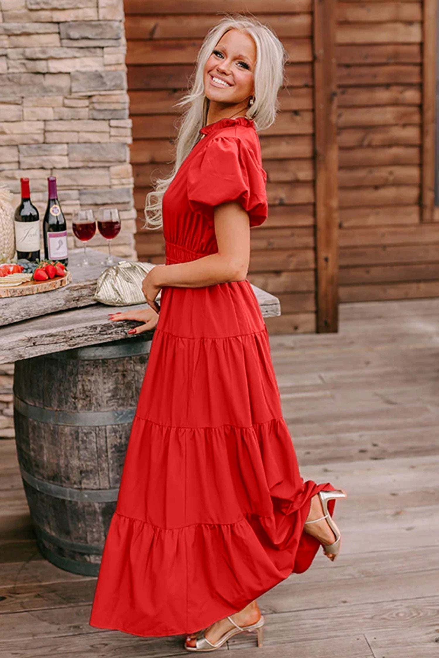 Zola | V Neck Puff Sleeve Tiered Maxi Dress with High Waist
