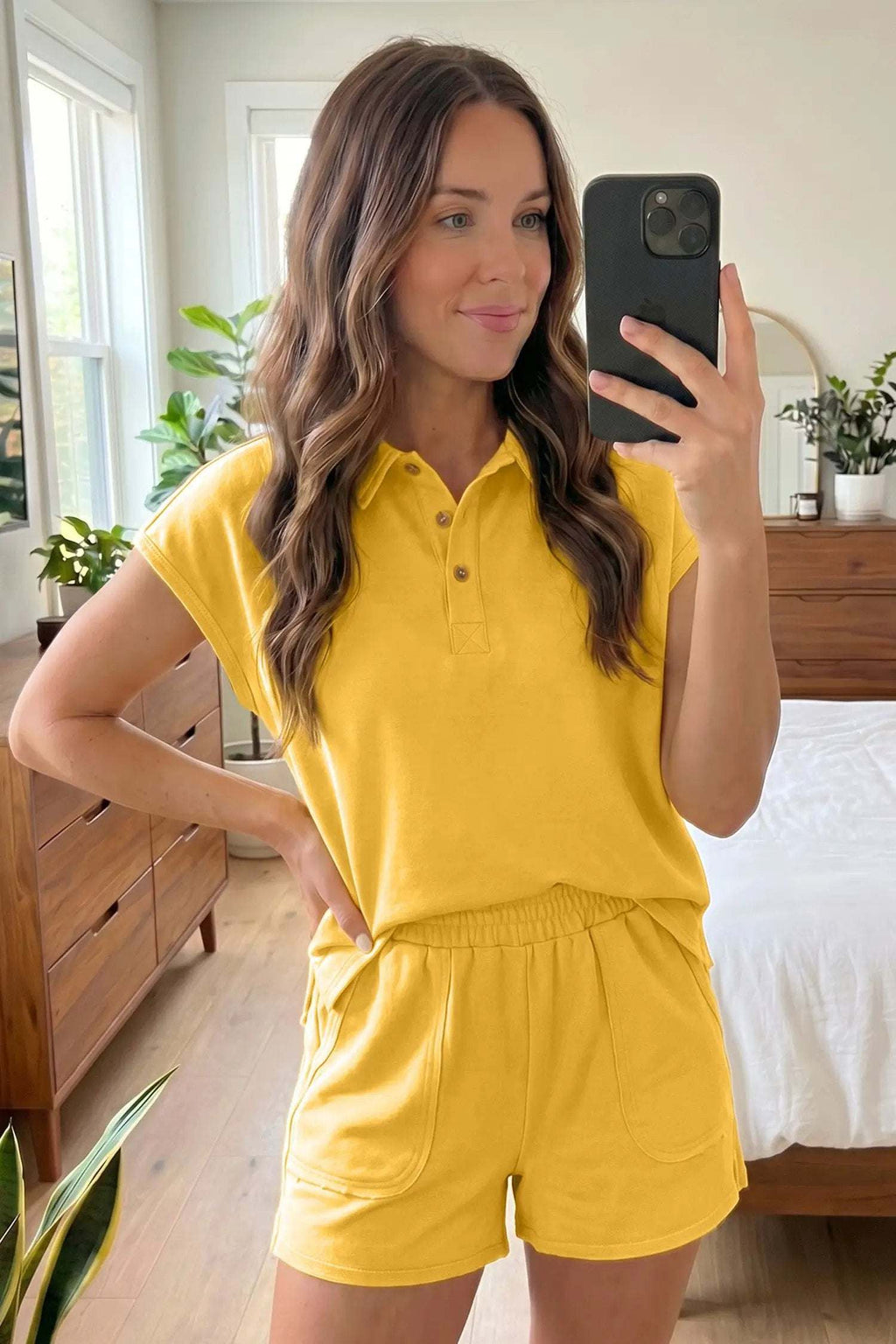 Serafina | Collared Polo Tee and Elastic Waist Shorts Two Piece Set