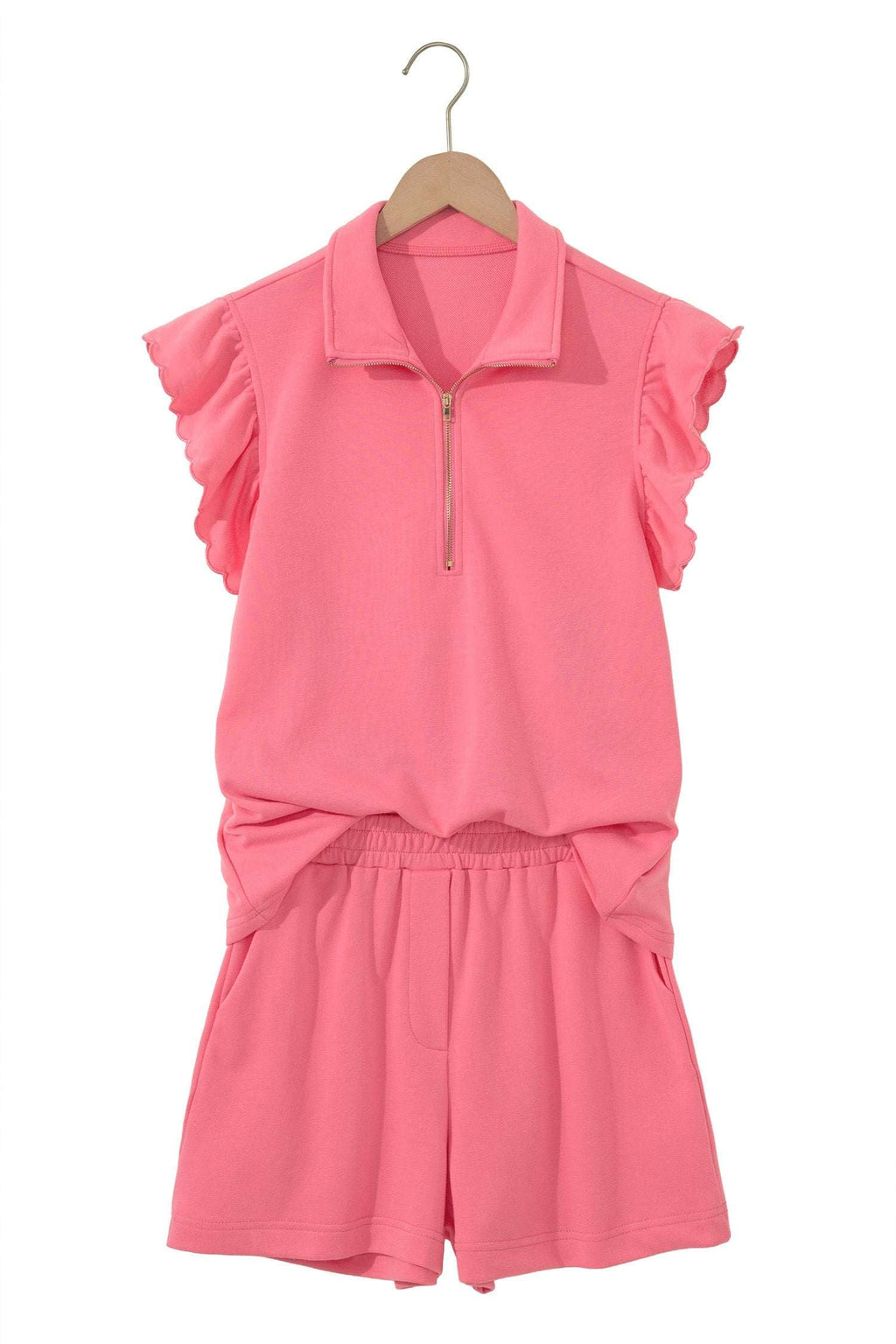 Portia | Half Zip Ruffle Sleeve Top and Shorts Two Piece Set
