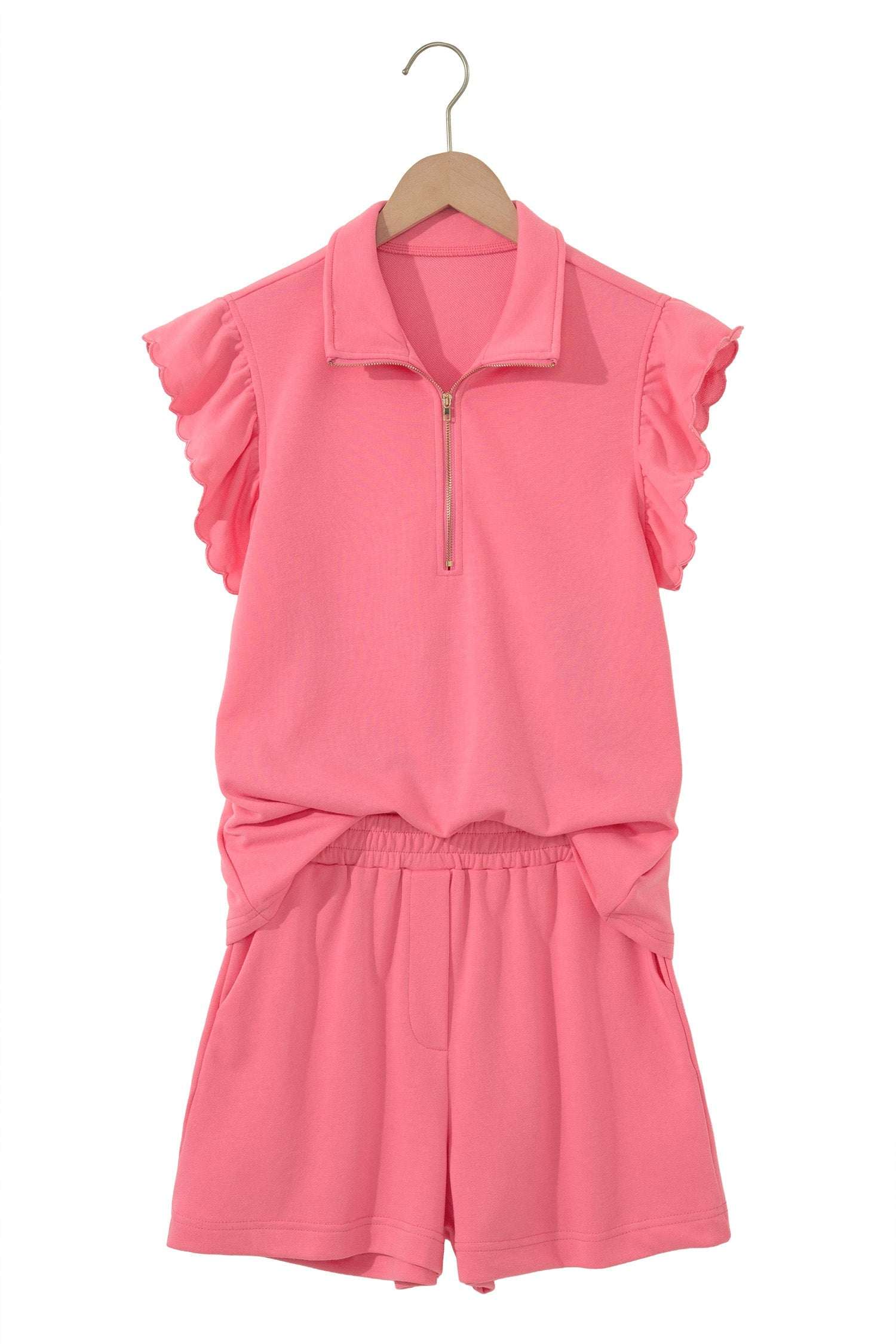 Portia | Half Zip Ruffle Sleeve Top and Shorts Two Piece Set