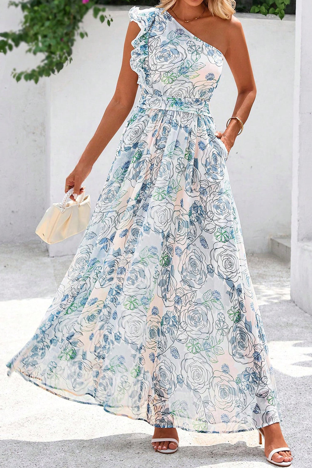 Giulietta | Floral One Shoulder Ruffled Maxi Dress for Summer Occasions