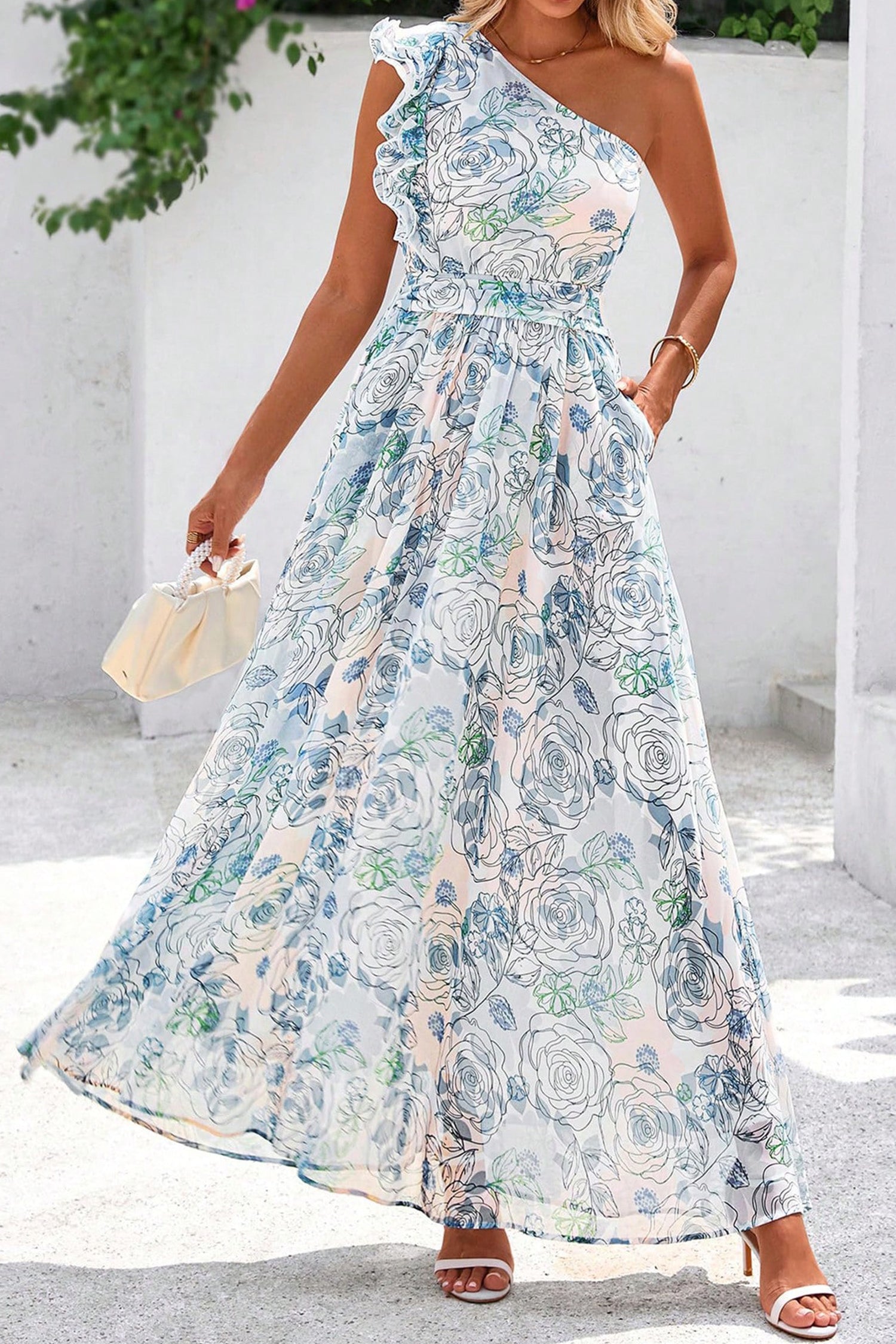 Giulietta | Floral One Shoulder Ruffled Maxi Dress for Summer Occasions