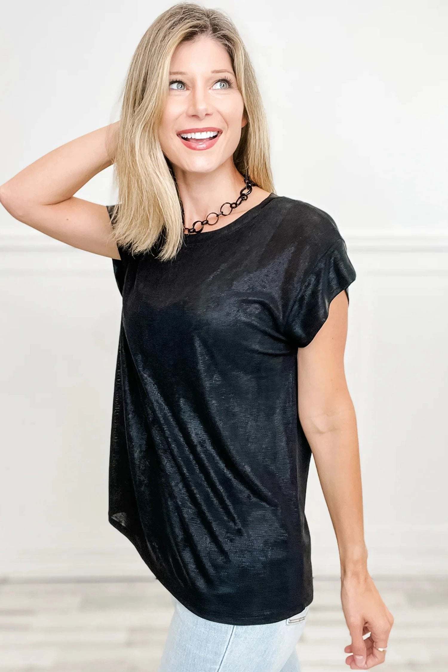 Francesca | Metallic Finish Round Neck Cap Sleeve Top