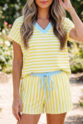 Juliette | Striped Contrast V Neck Tee and Drawstring Shorts Set