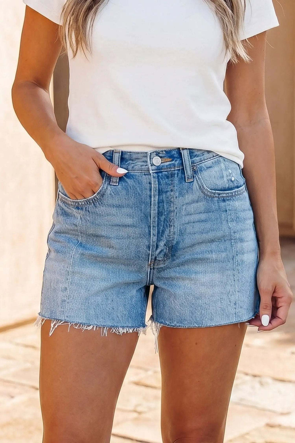 Valentina | Washed Raw Hem Denim Shorts with Mid Rise Fit