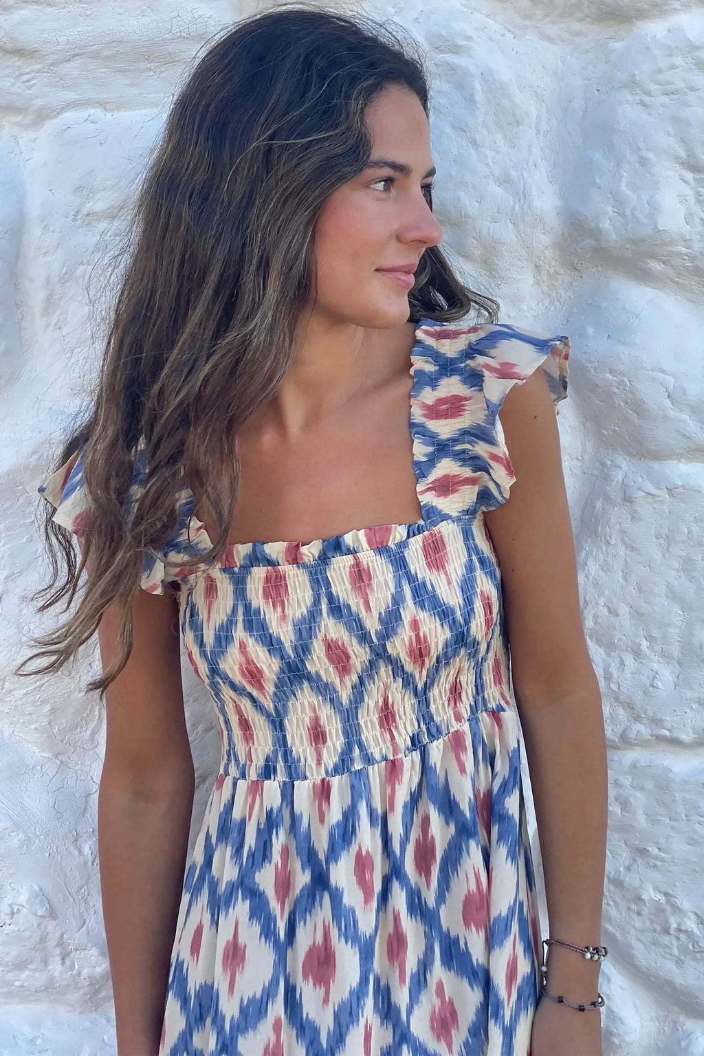 Katriona | Smocked Waist Square Neck Midi Dress with Ruffle Sleeves