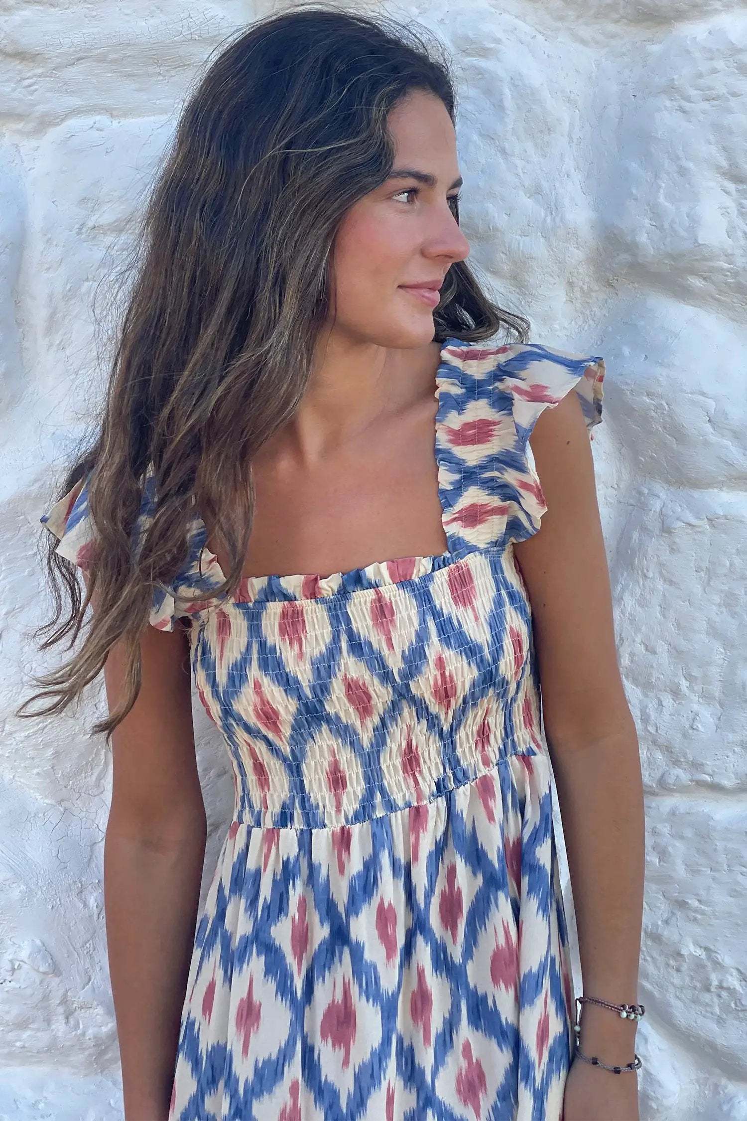 Katriona | Smocked Waist Square Neck Midi Dress with Ruffle Sleeves