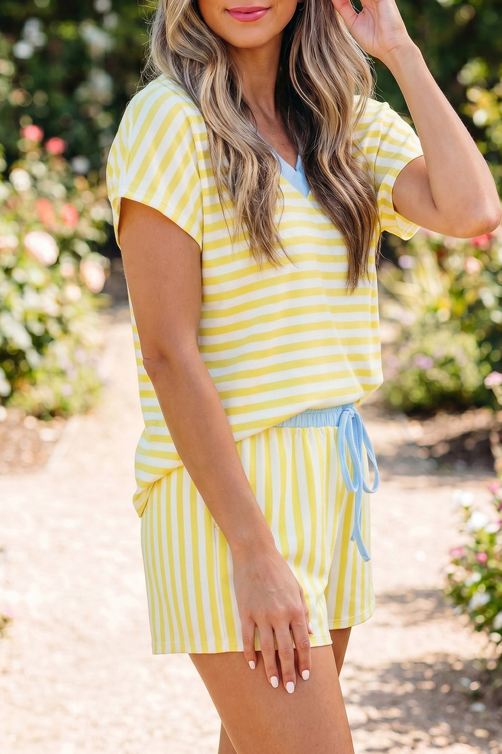 Juliette | Striped Contrast V Neck Tee and Drawstring Shorts Set