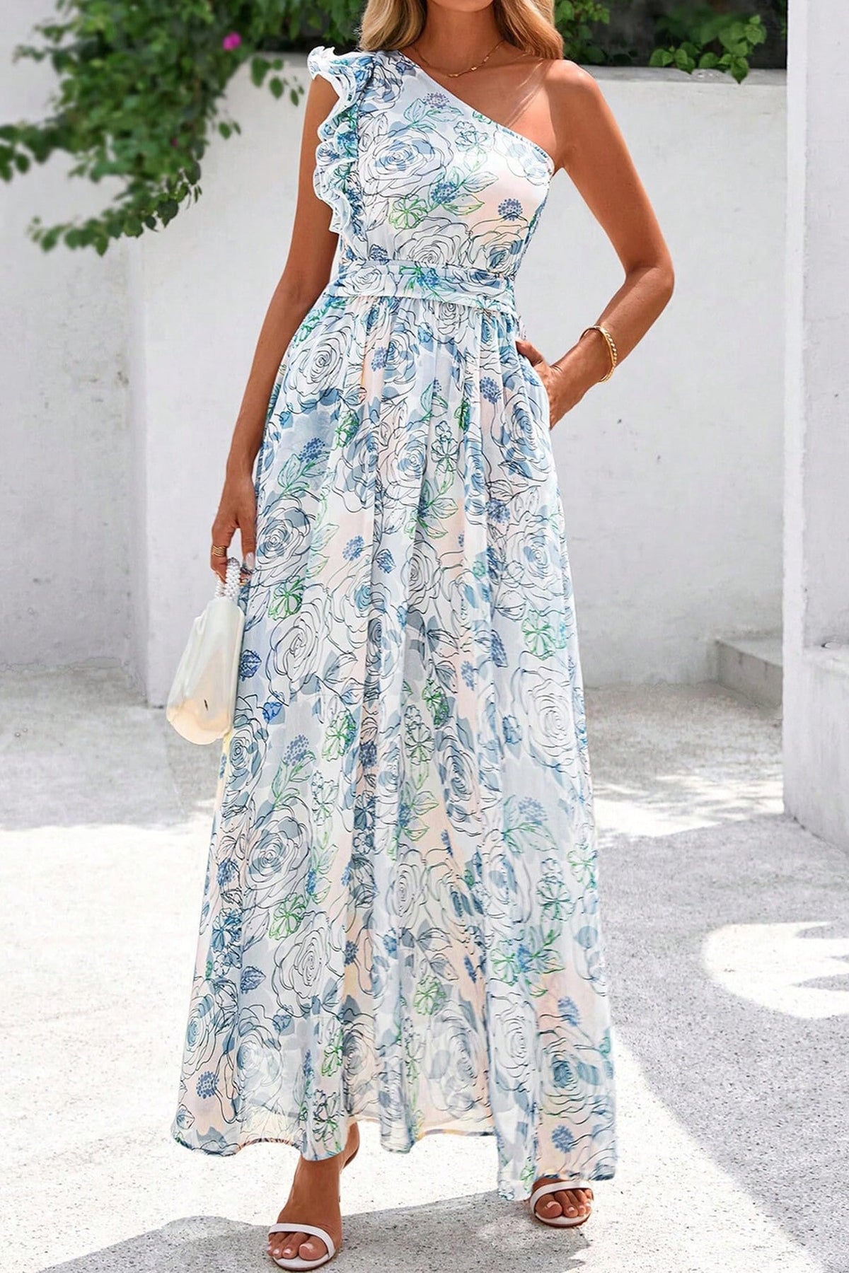 Giulietta | Floral One Shoulder Ruffled Maxi Dress for Summer Occasions