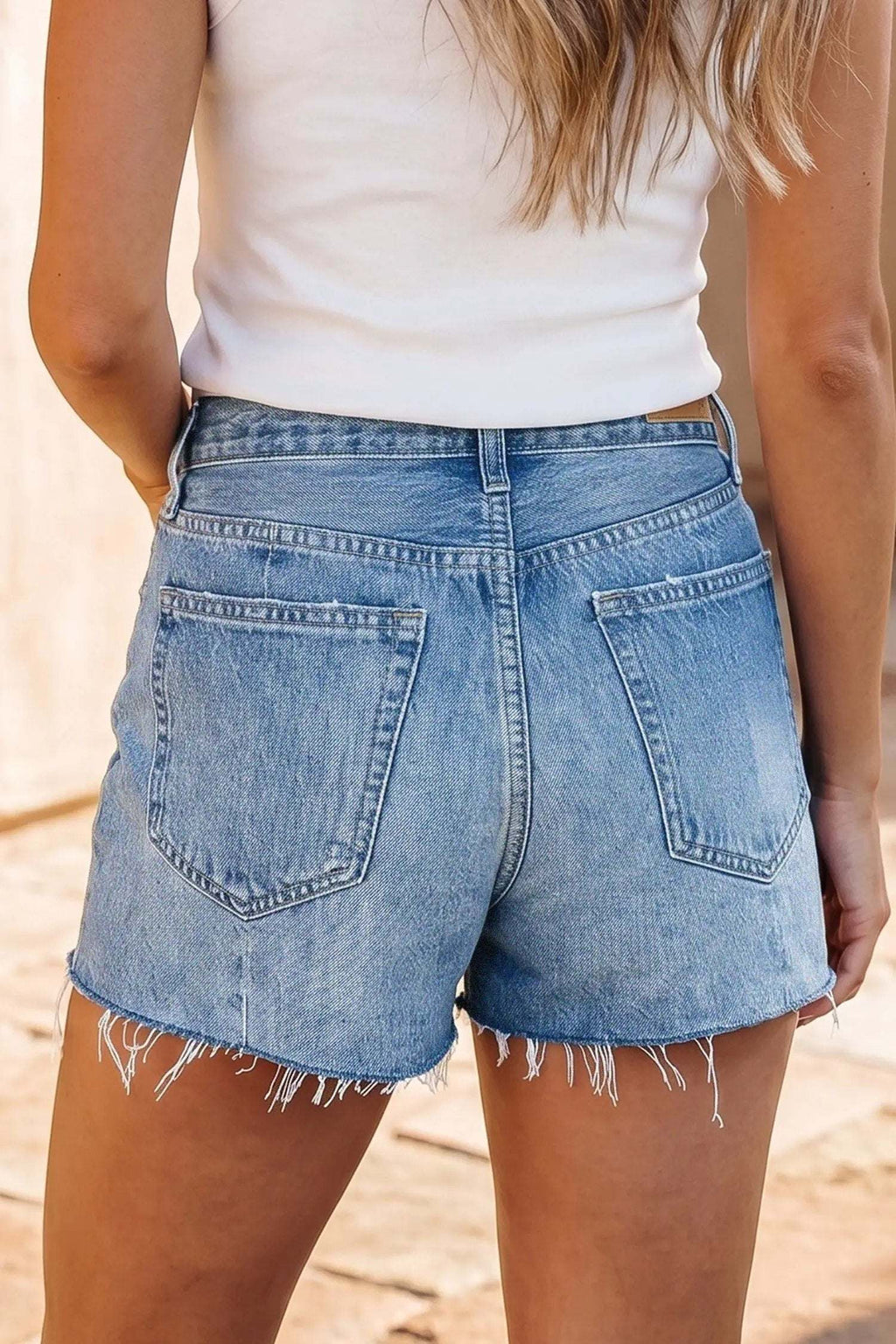 Valentina | Washed Raw Hem Denim Shorts with Mid Rise Fit