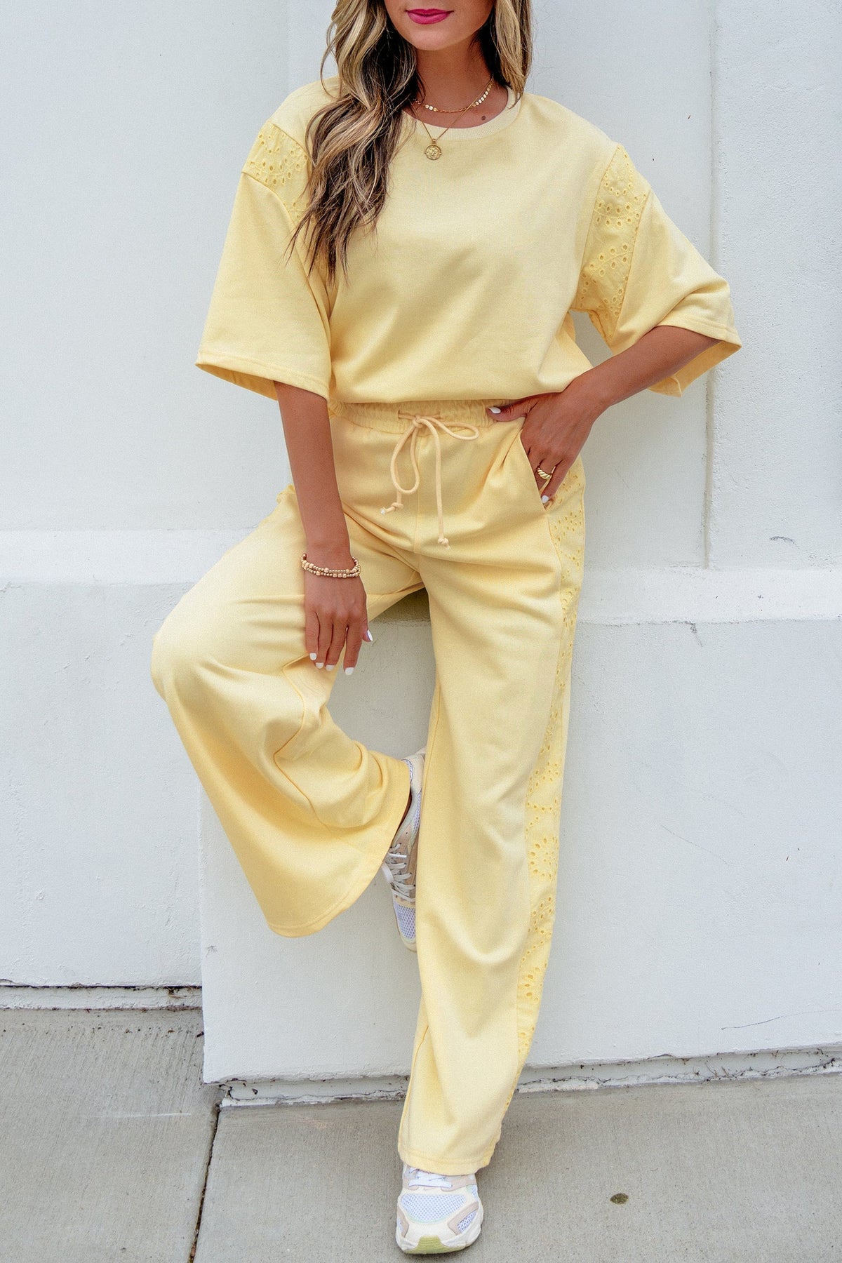 Margaux | Lace Panelled Half Sleeve Top and Wide Leg Pants Two Piece Set