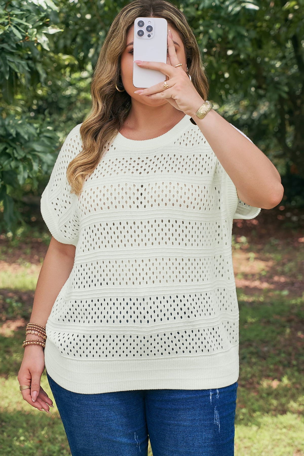 Celeste | Eyelet Knit Short Dolman Sleeve Sweater in Extended Sizes