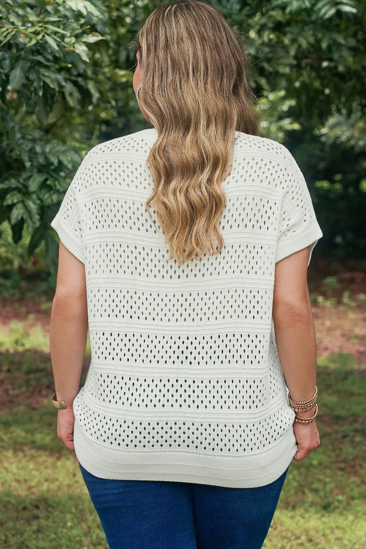 Celeste | Eyelet Knit Short Dolman Sleeve Sweater in Extended Sizes