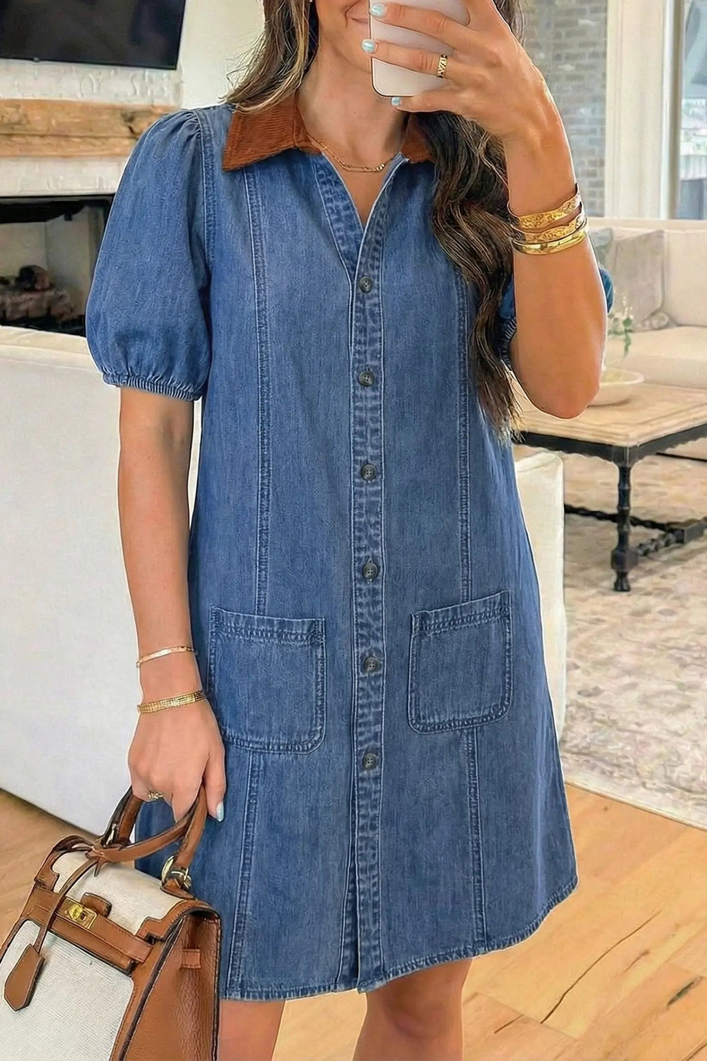 Mireille | Panelled Denim Mini Shirt Dress with Puff Sleeves