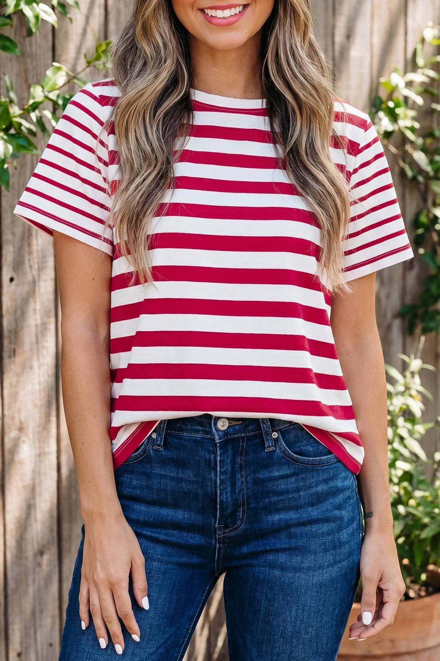 Ursina | Striped Panelled Round Neck Cotton T Shirt
