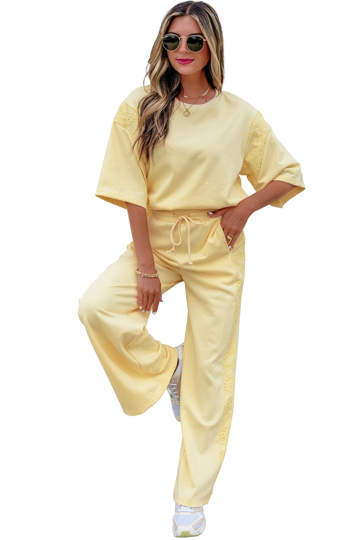 Margaux | Lace Panelled Half Sleeve Top and Wide Leg Pants Two Piece Set
