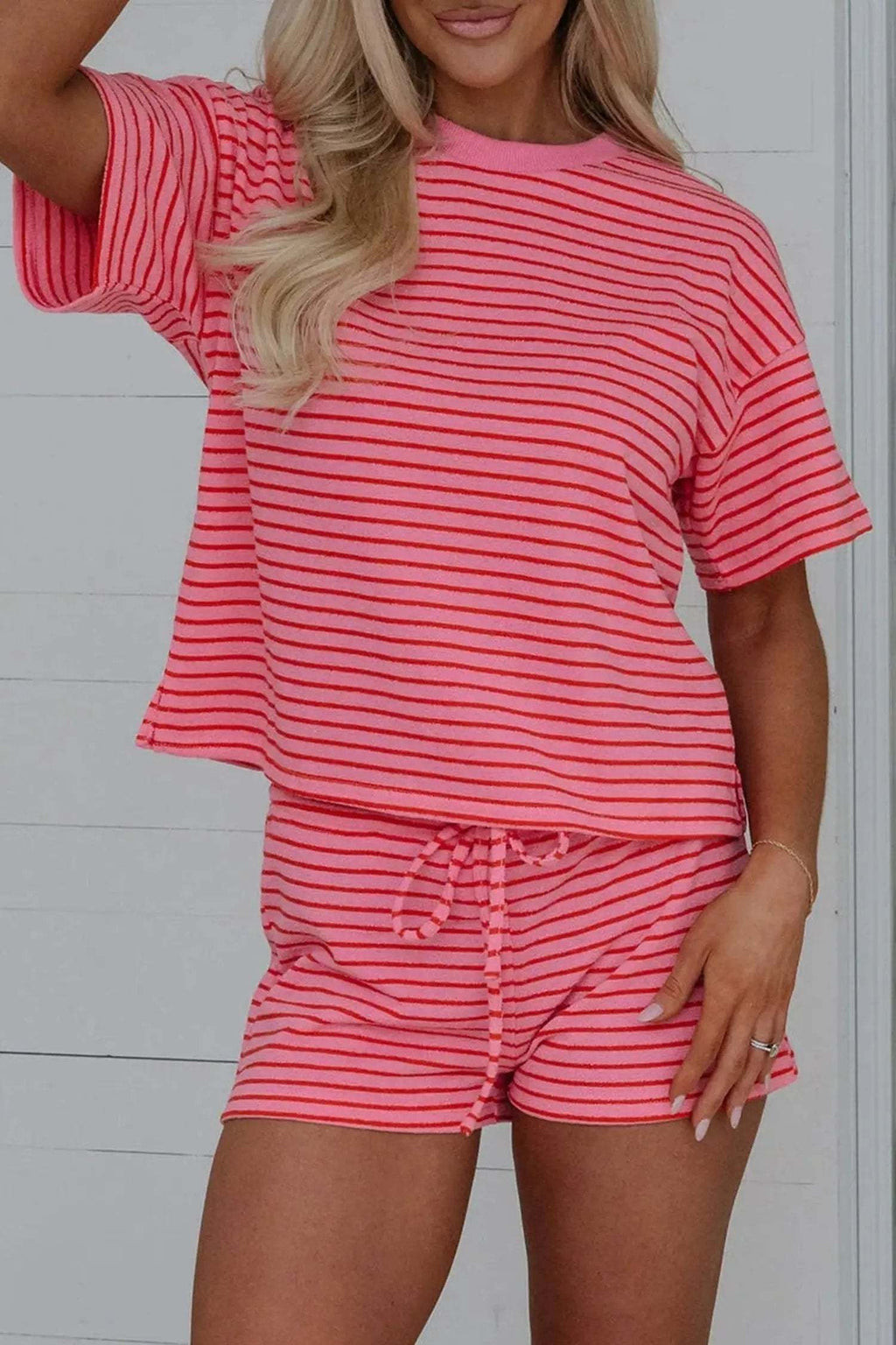 Quintana | Striped Knit Side Slit Tee and Drawstring Shorts Set