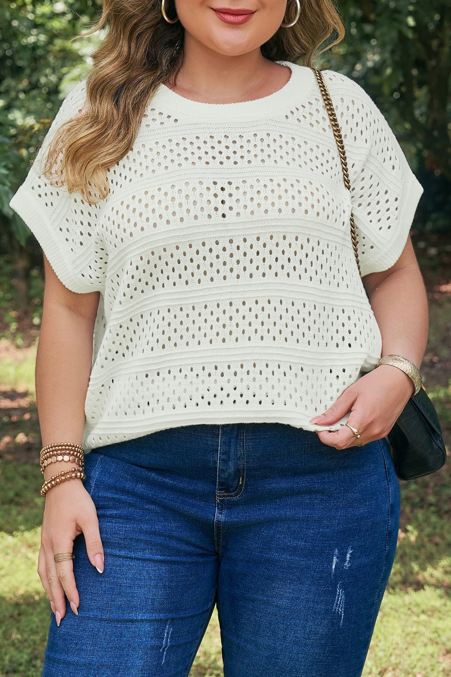 Celeste | Eyelet Knit Short Dolman Sleeve Sweater in Extended Sizes