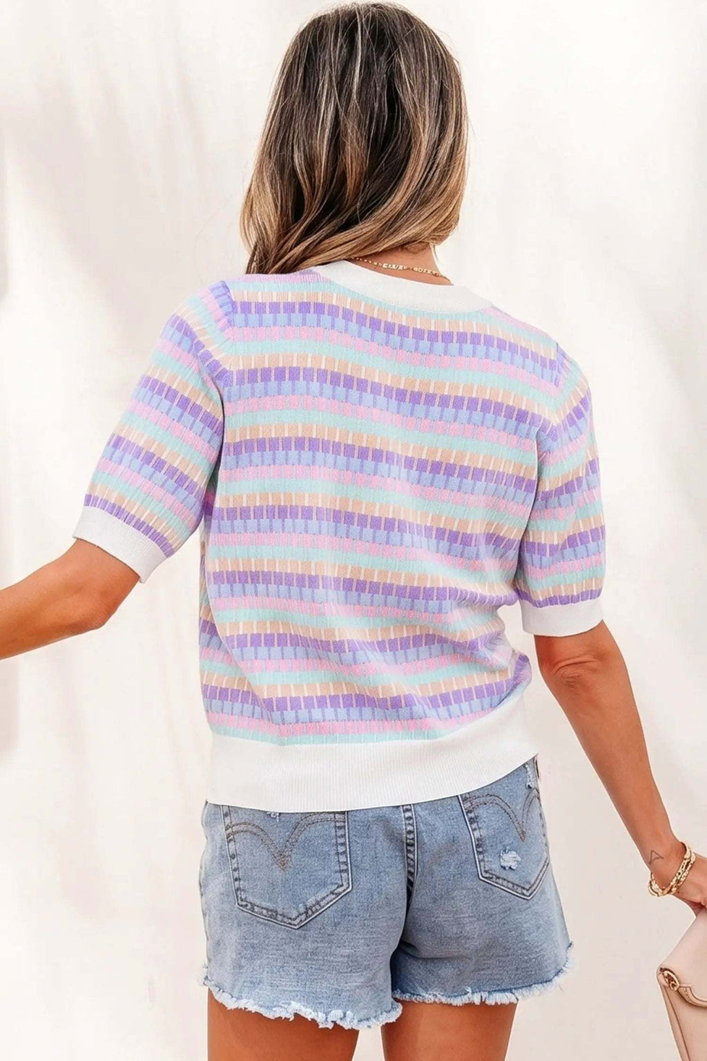 Zaria | Striped Short Sleeve Knit Sweater with Fine Gauge Finish
