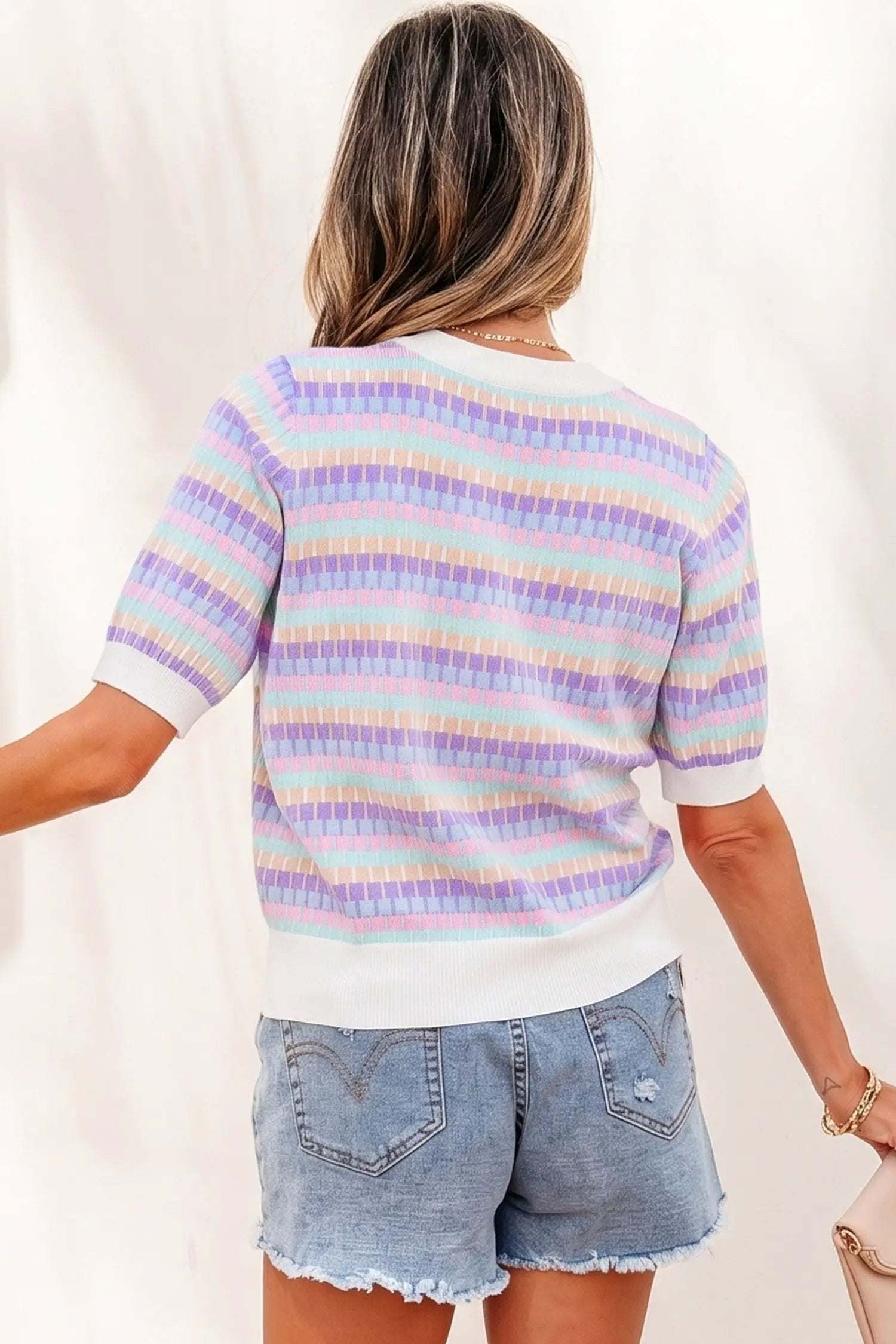 Zaria | Striped Short Sleeve Knit Sweater with Fine Gauge Finish