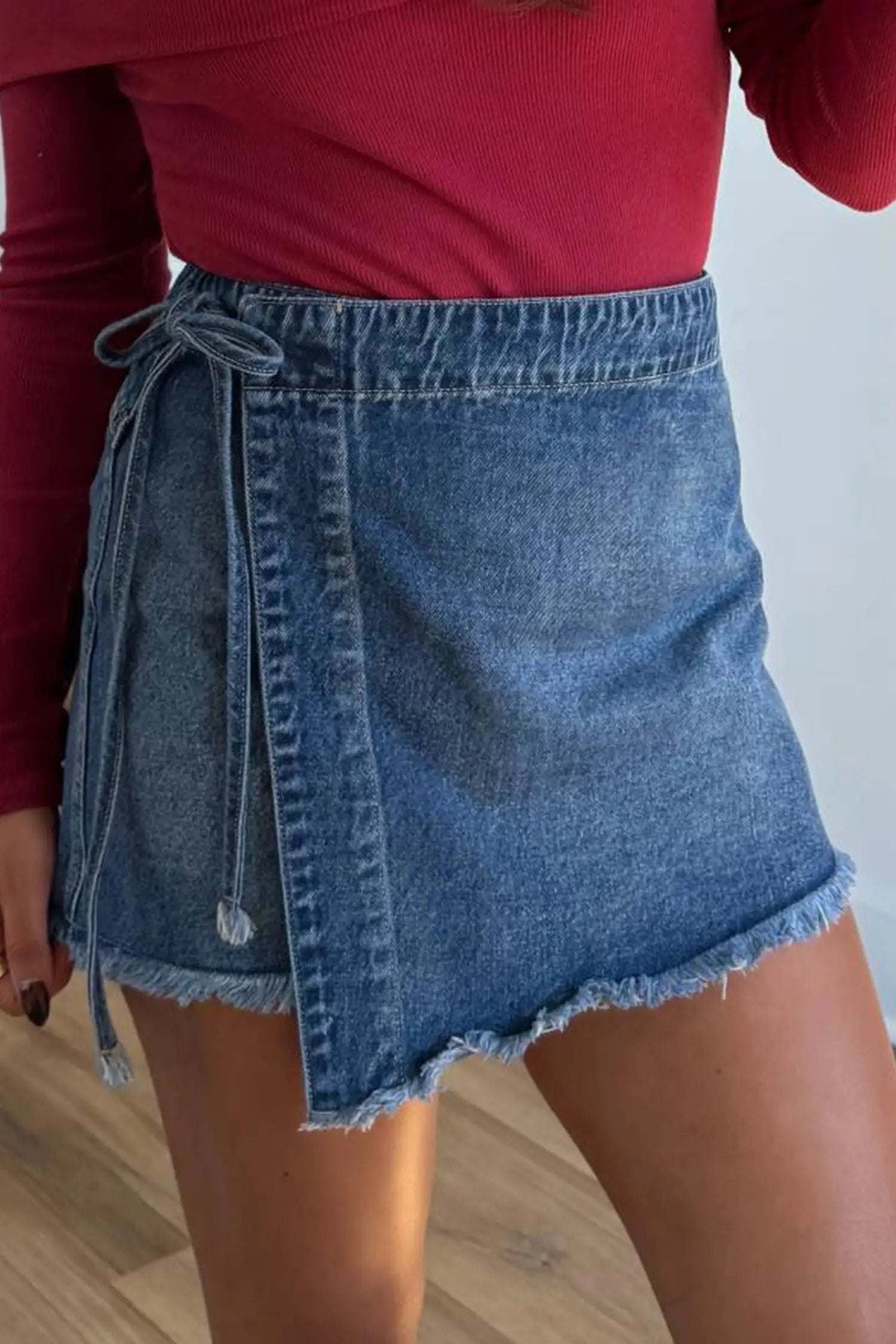 Alessia | Wrap Front Denim Skort with Tie Waist and Hidden Shorts