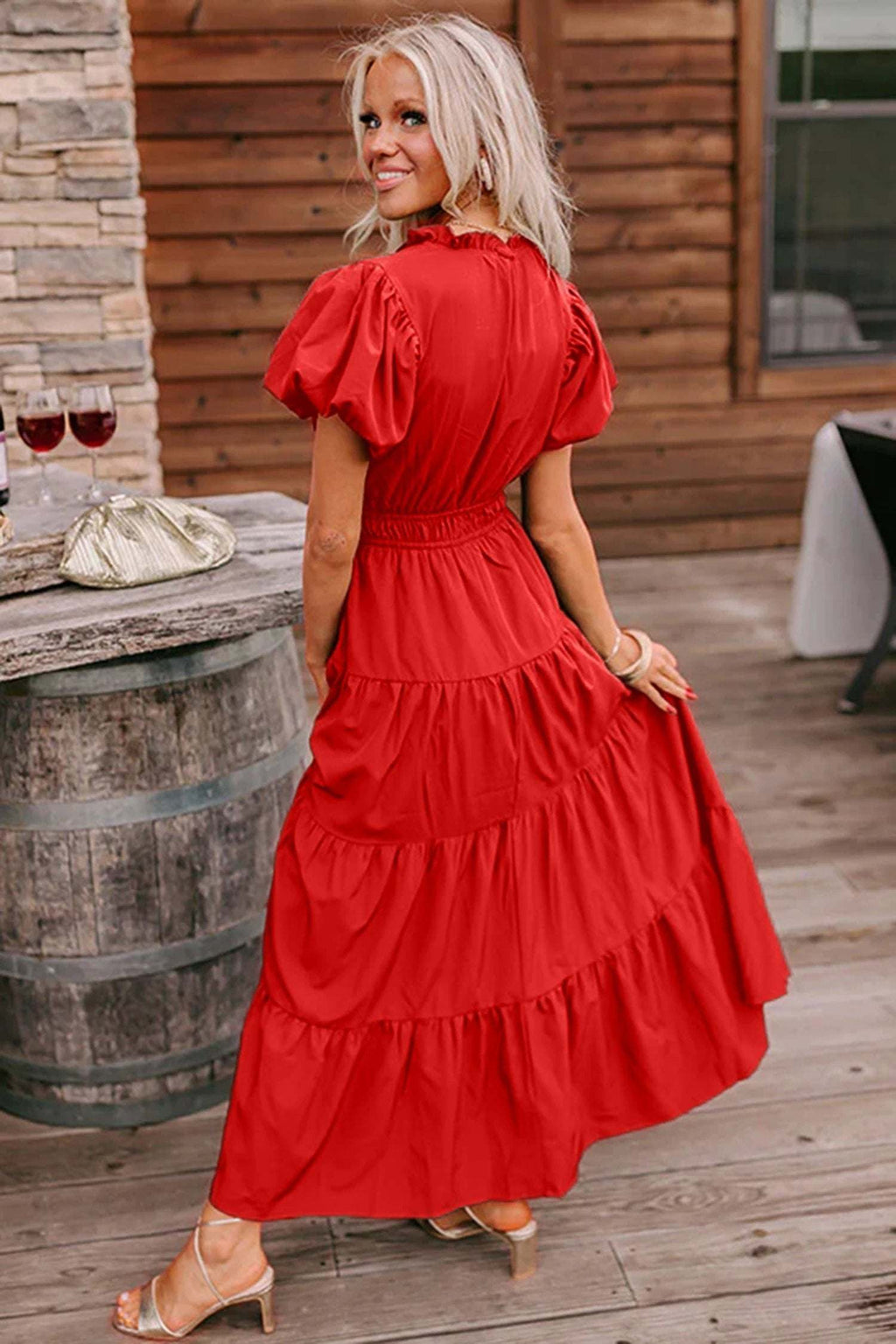 Zola | V Neck Puff Sleeve Tiered Maxi Dress with High Waist