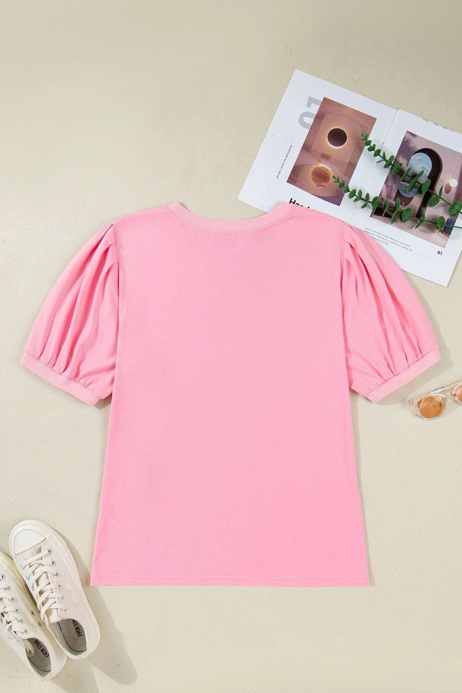 Amalie | Pleated V Neck Puff Sleeve Blouse in Extended Sizes