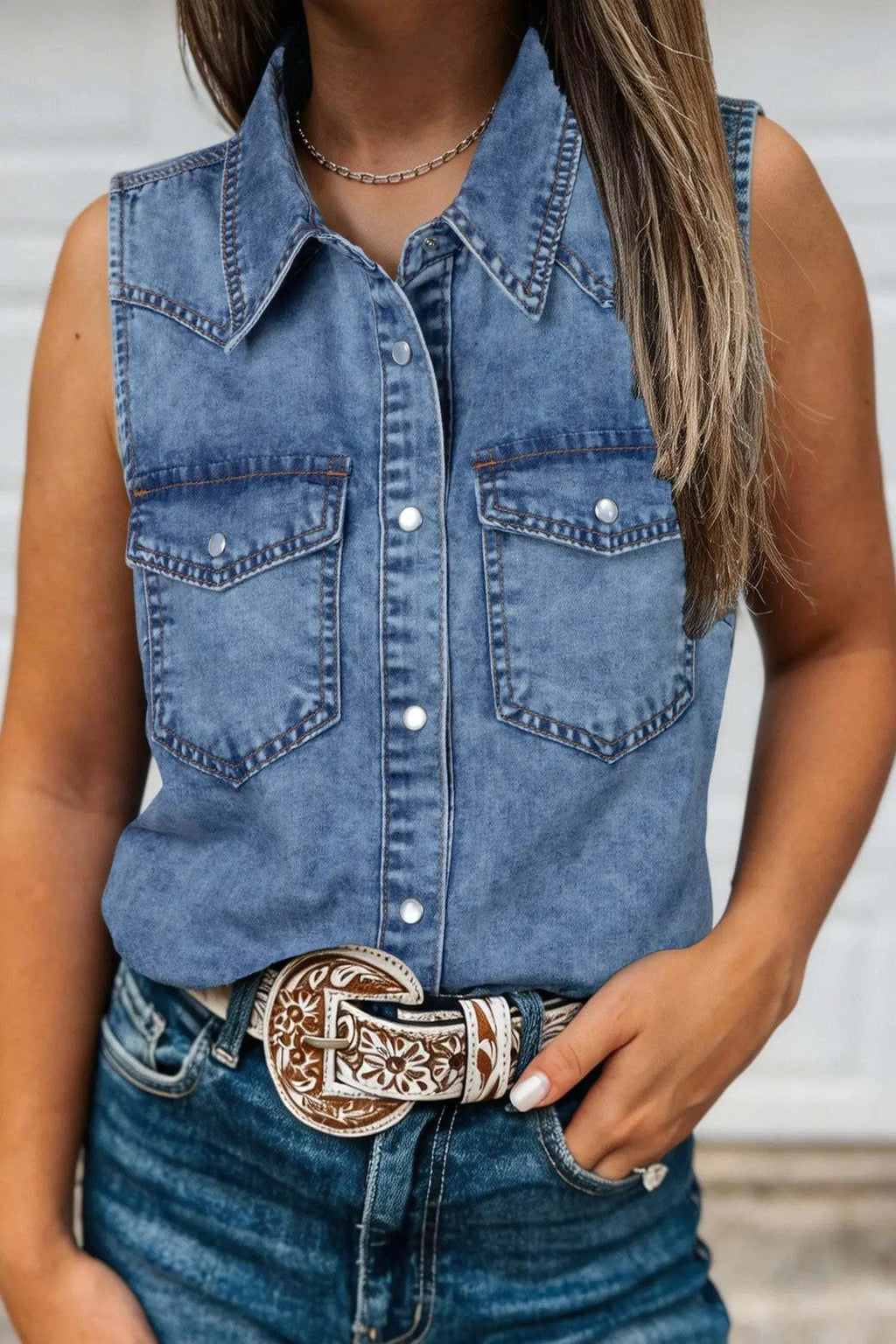 Nerina | Collared Sleeveless Denim Vest with Button Front