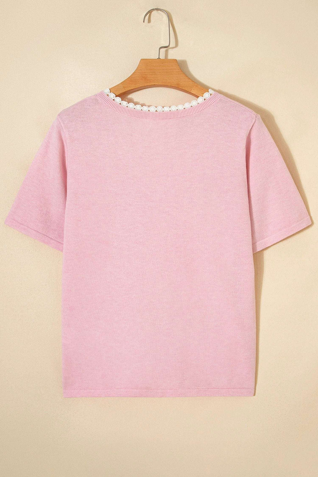 Delphine | Lace Trimmed V Neck Short Sleeve Knit Sweater for Warm Weather