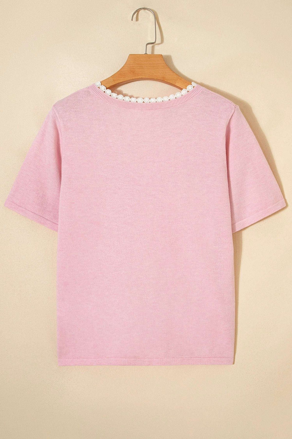 Delphine | Lace Trimmed V Neck Short Sleeve Knit Sweater for Warm Weather