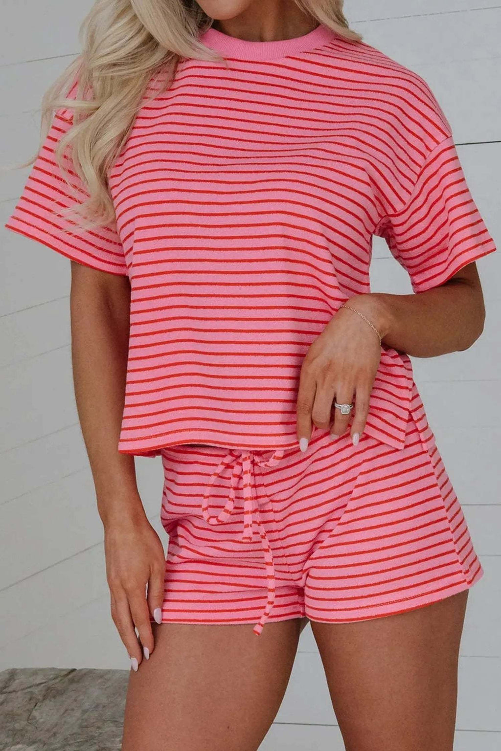 Quintana | Striped Knit Side Slit Tee and Drawstring Shorts Set