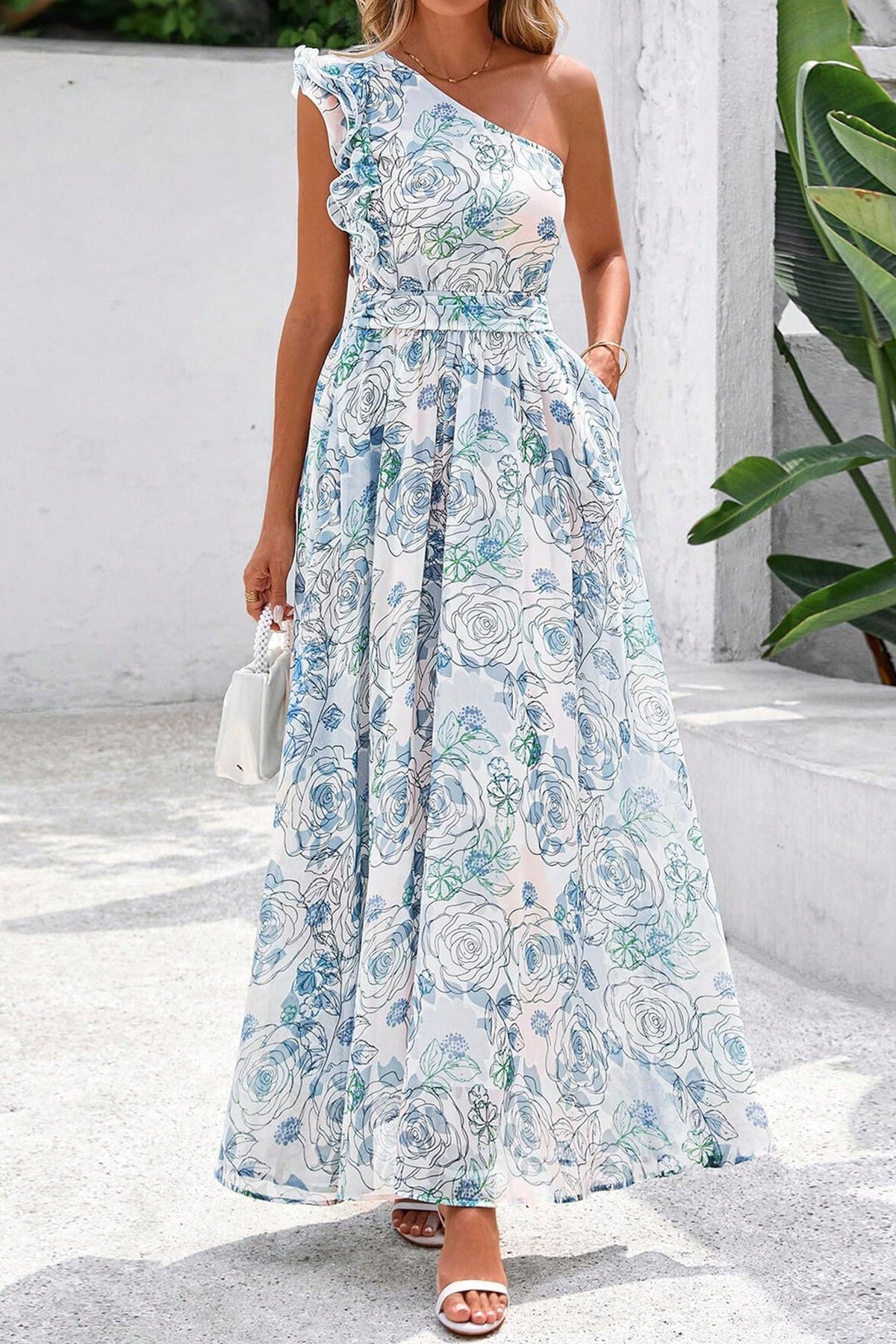 Giulietta | Floral One Shoulder Ruffled Maxi Dress for Summer Occasions