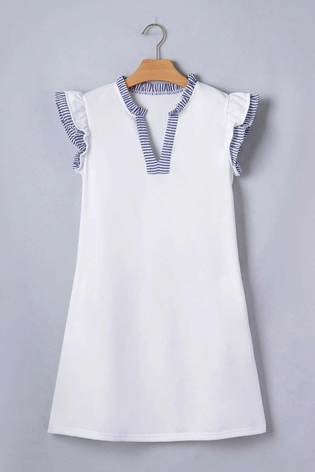 Anouk | Striped Contrast Sleeveless Midi Dress with Split Neck and Ruffle Trim