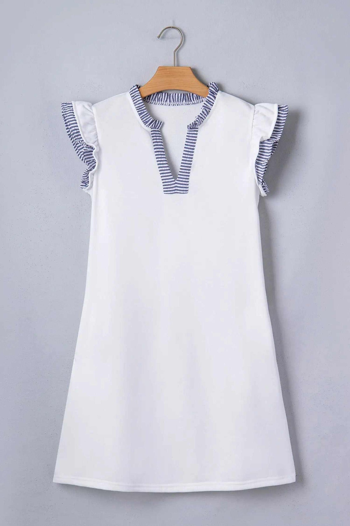 Anouk | Striped Contrast Sleeveless Midi Dress with Split Neck and Ruffle Trim