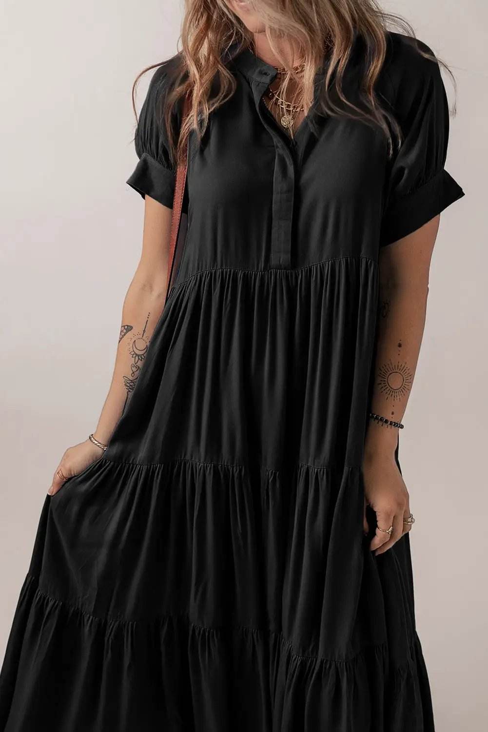 Helene | Concealed Button Tiered Short Sleeve Maxi Dress