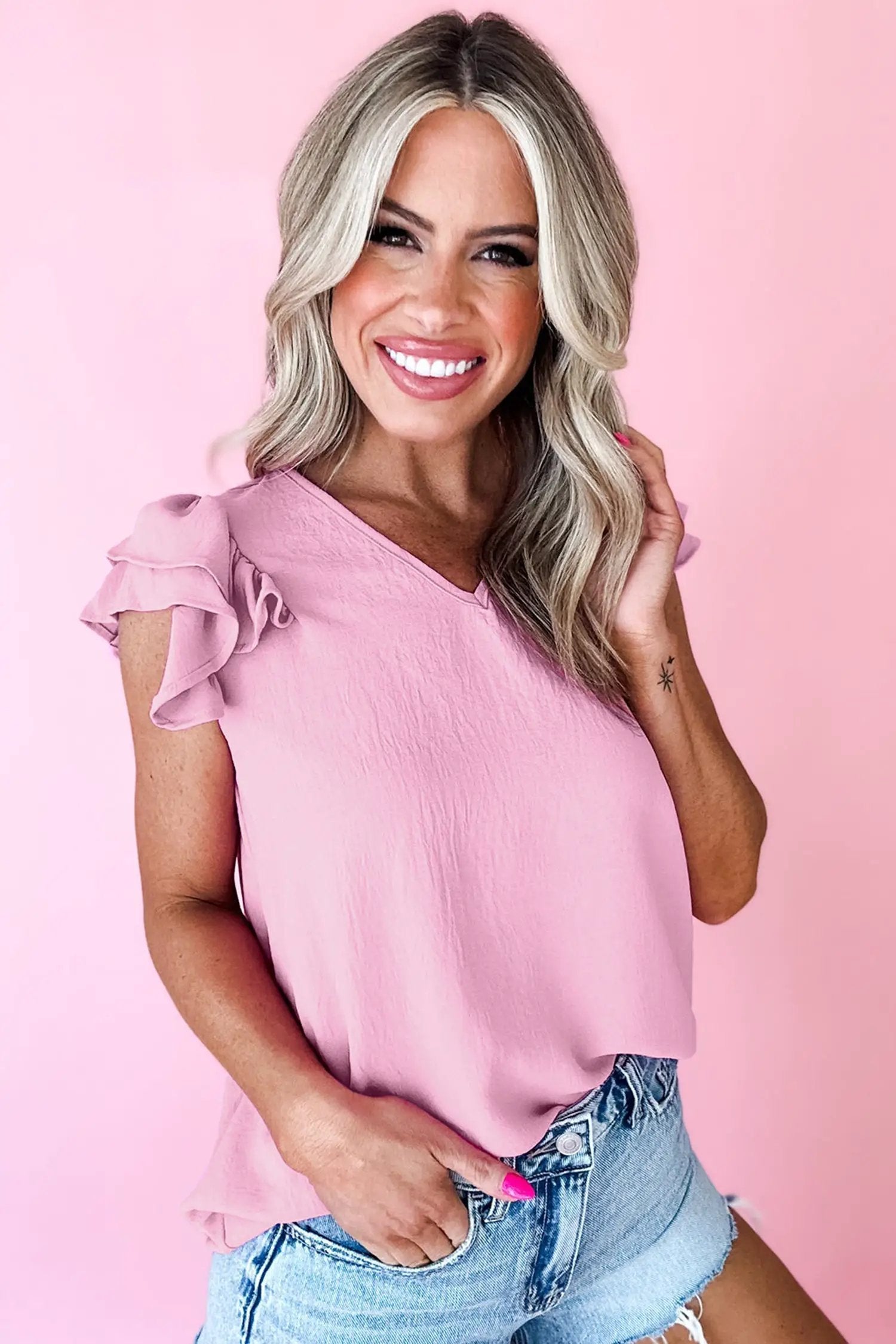 Ilaria | V Neck Relaxed Tank Top with Ruffled Shoulder Detail