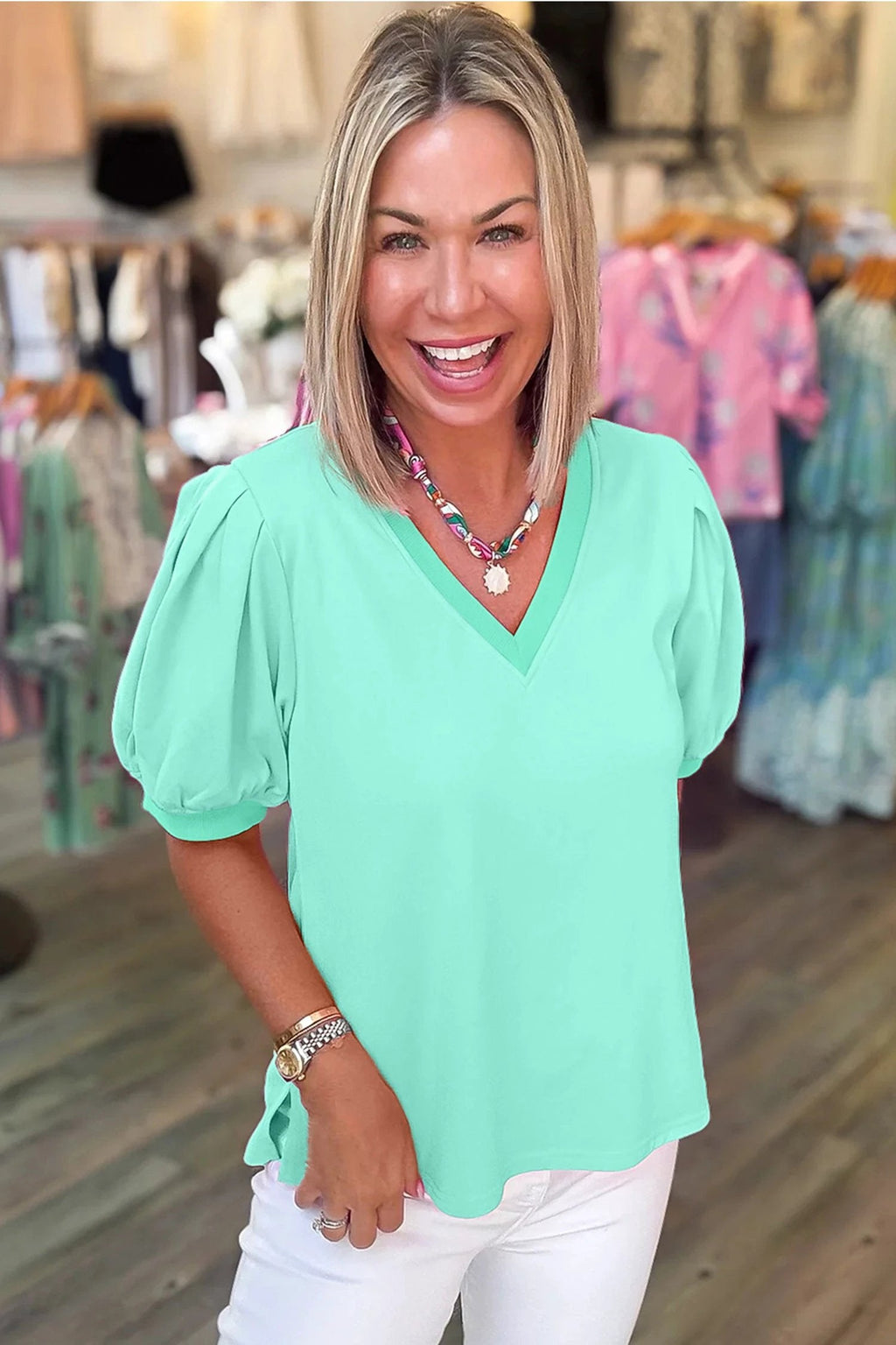 Willa | V Neck Puff Sleeve Blouse in a Clean Solid Finish