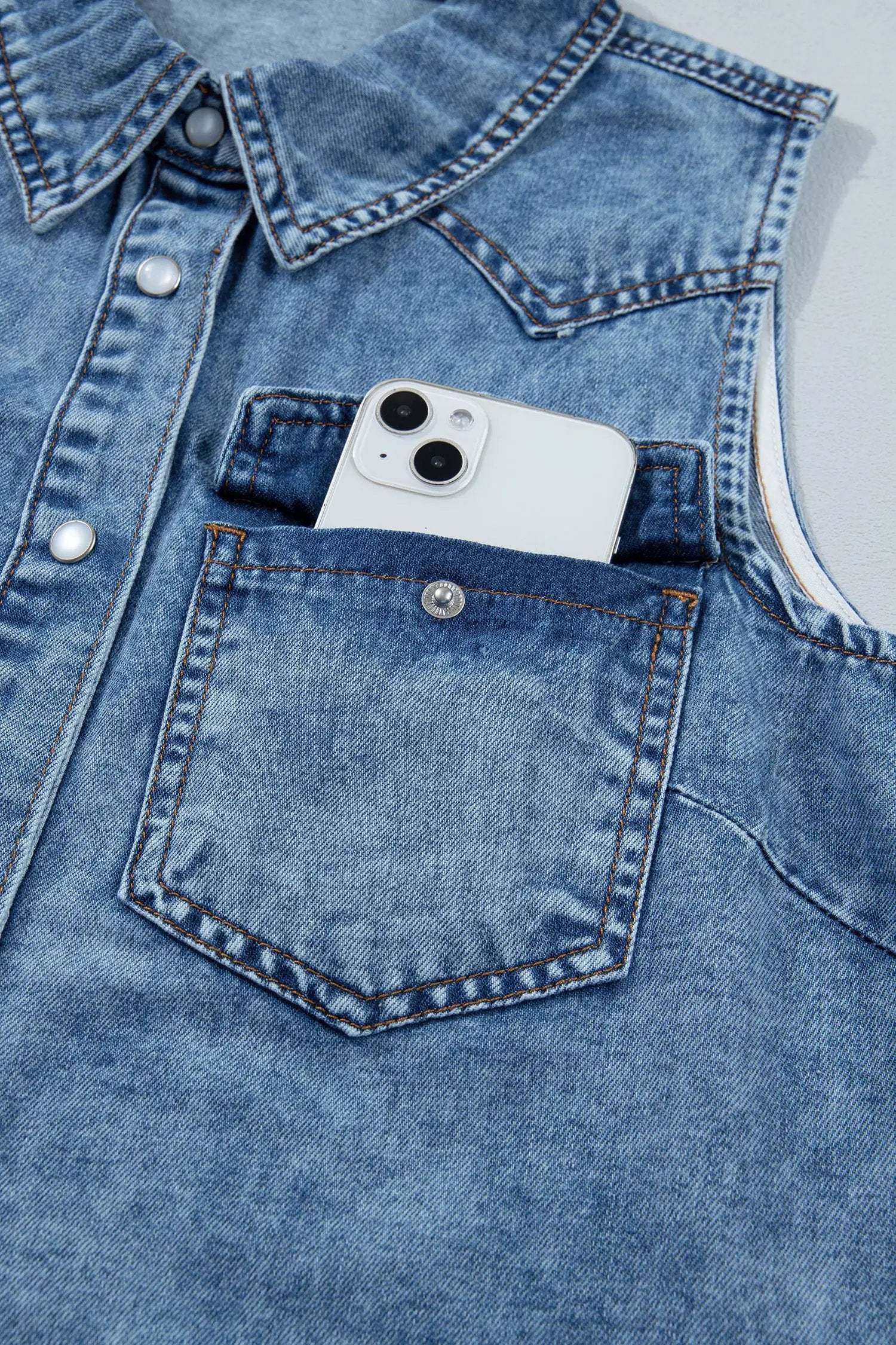 Nerina | Collared Sleeveless Denim Vest with Button Front