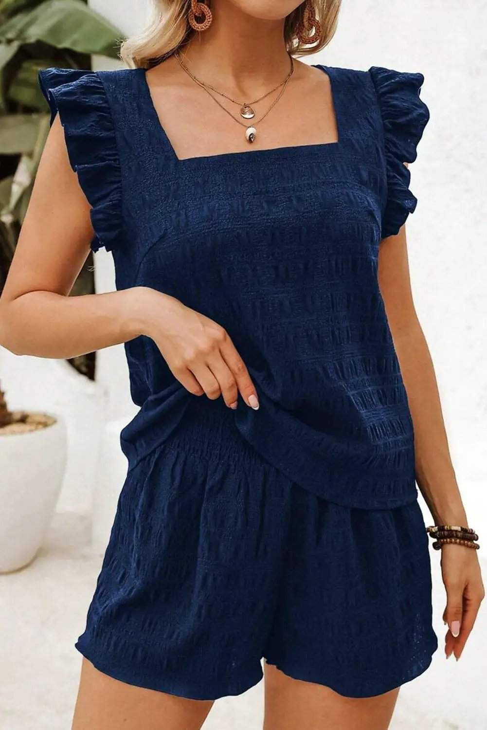 Bianca | Textured Square Neck Top and High Waisted Shorts Set