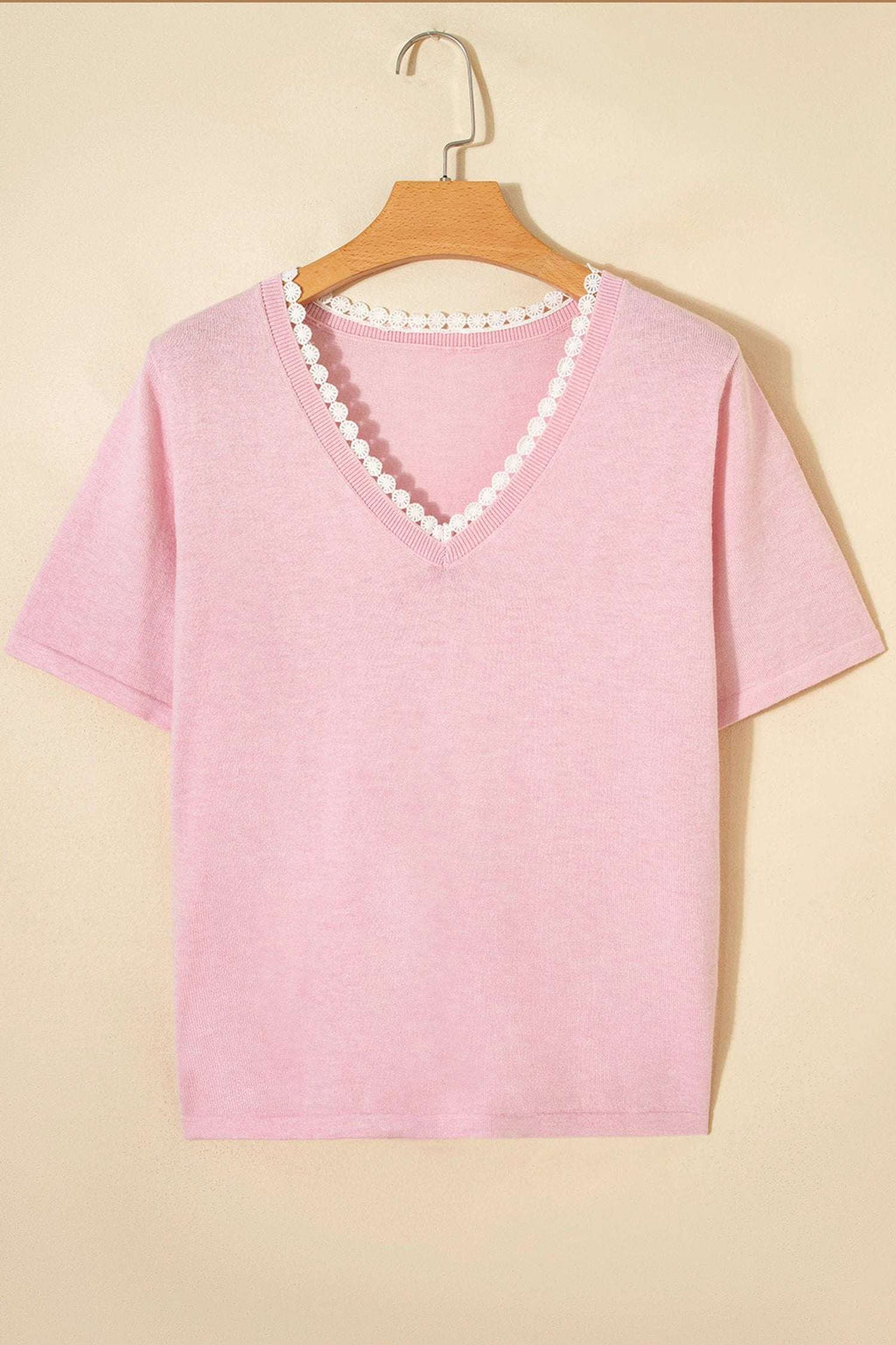 Delphine | Lace Trimmed V Neck Short Sleeve Knit Sweater for Warm Weather