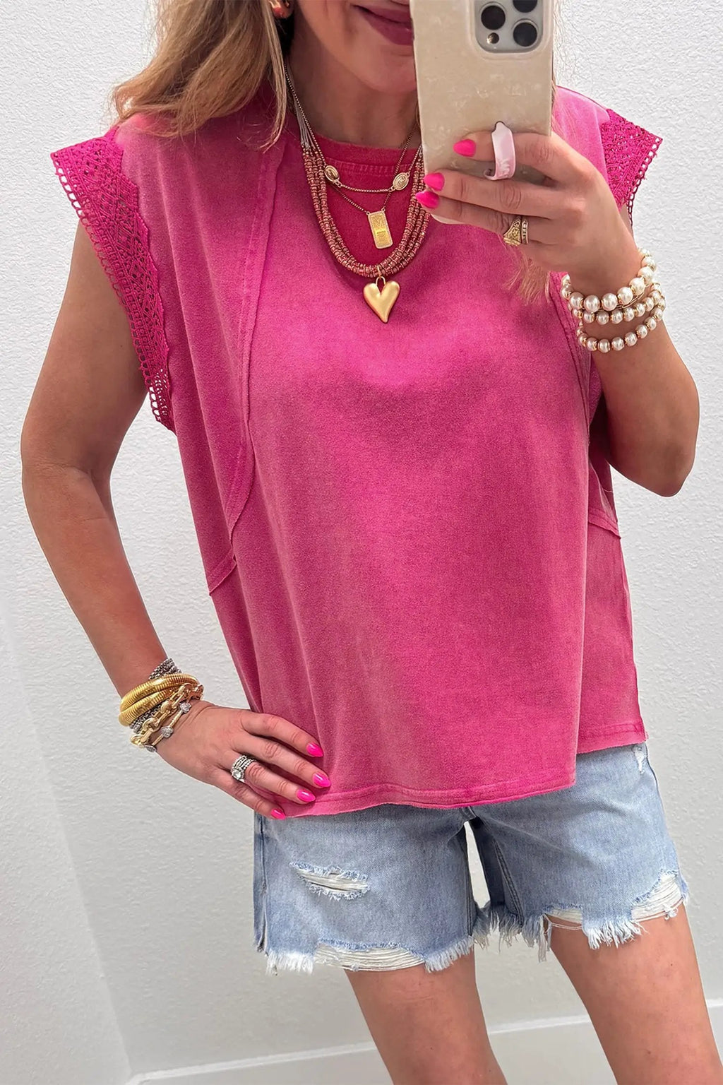 Oriane | Mineral Washed Lace Trim Cap Sleeve Top with Raw Seams