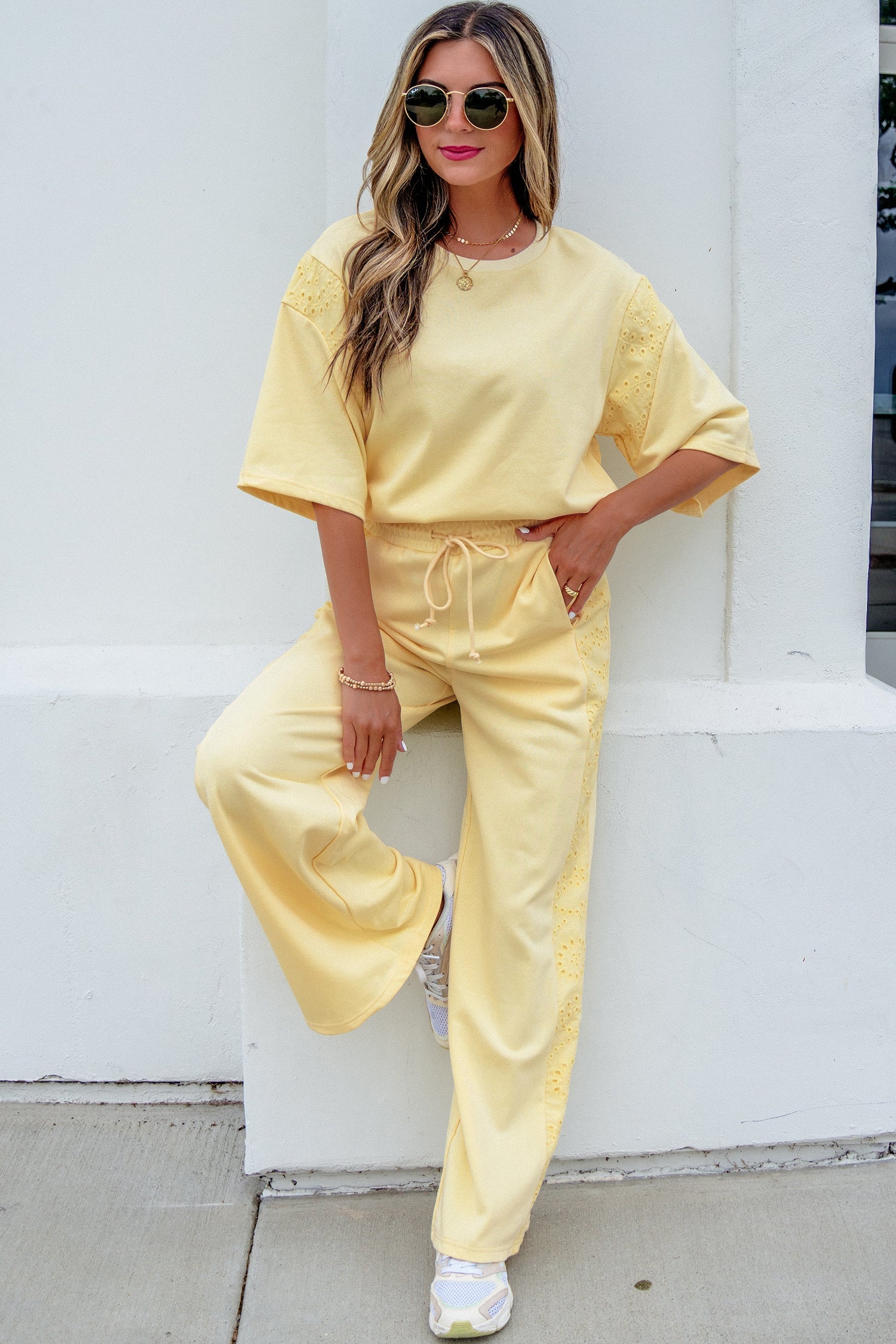 Margaux | Lace Panelled Half Sleeve Top and Wide Leg Pants Two Piece Set
