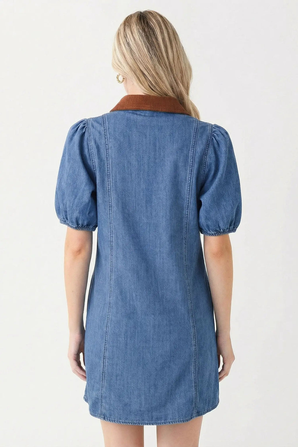 Mireille | Panelled Denim Mini Shirt Dress with Puff Sleeves