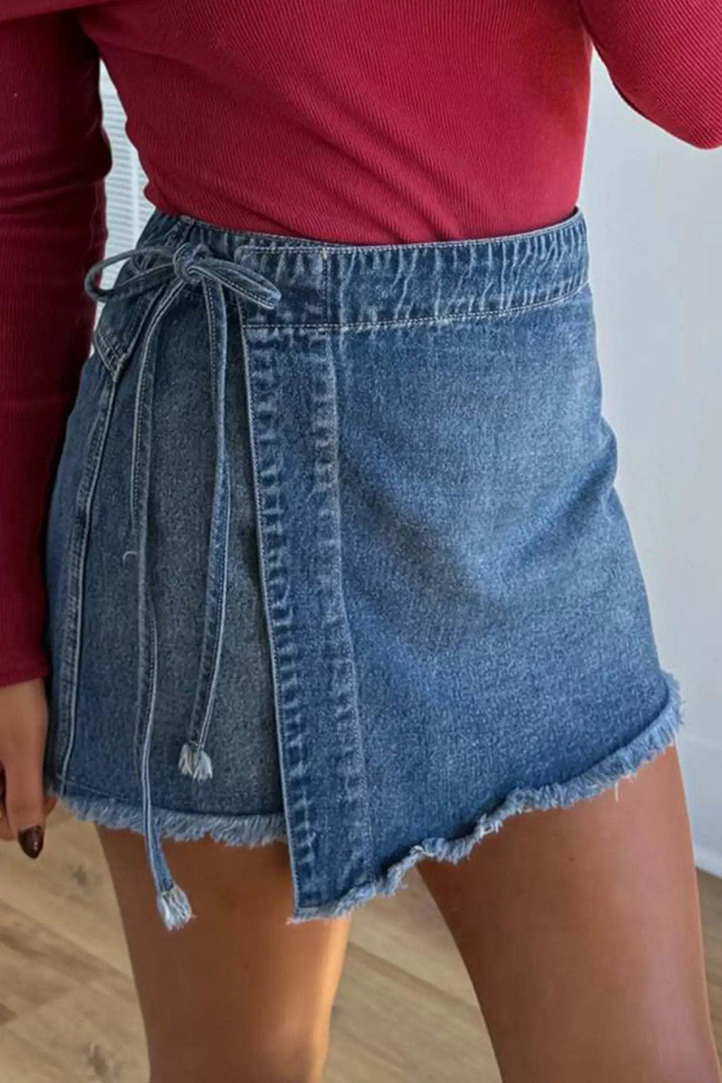Alessia | Wrap Front Denim Skort with Tie Waist and Hidden Shorts